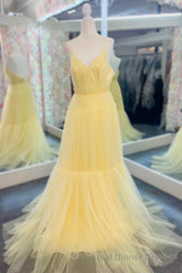 Light Yellow V-Neck Tulle A-Line Long Semi Formal Prom Dress